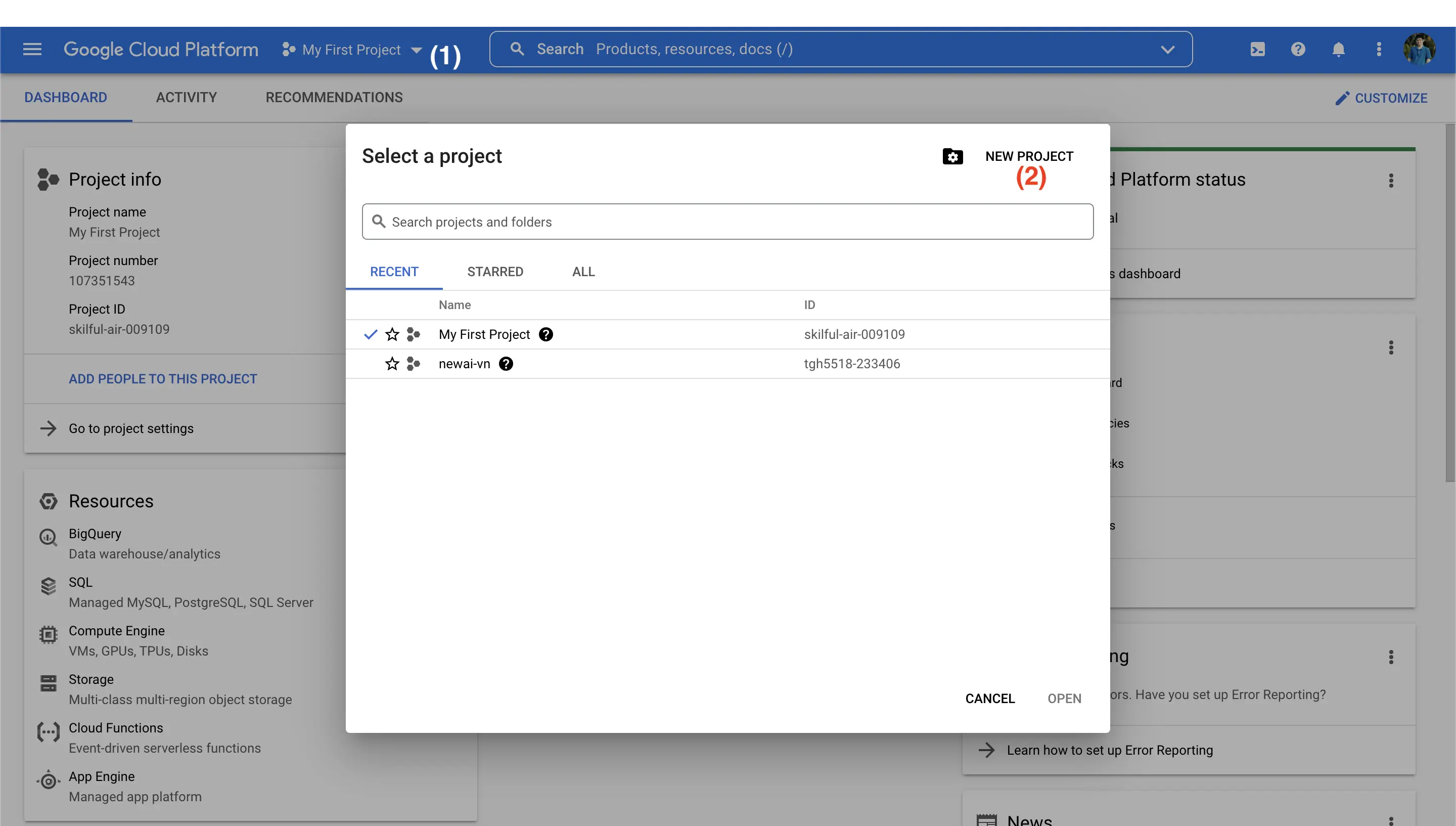 Fig 2. Create a new project in Google Cloud Console (1).