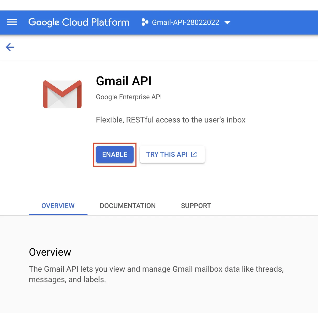 Fig 6. Gmail API - Google Cloud Console.