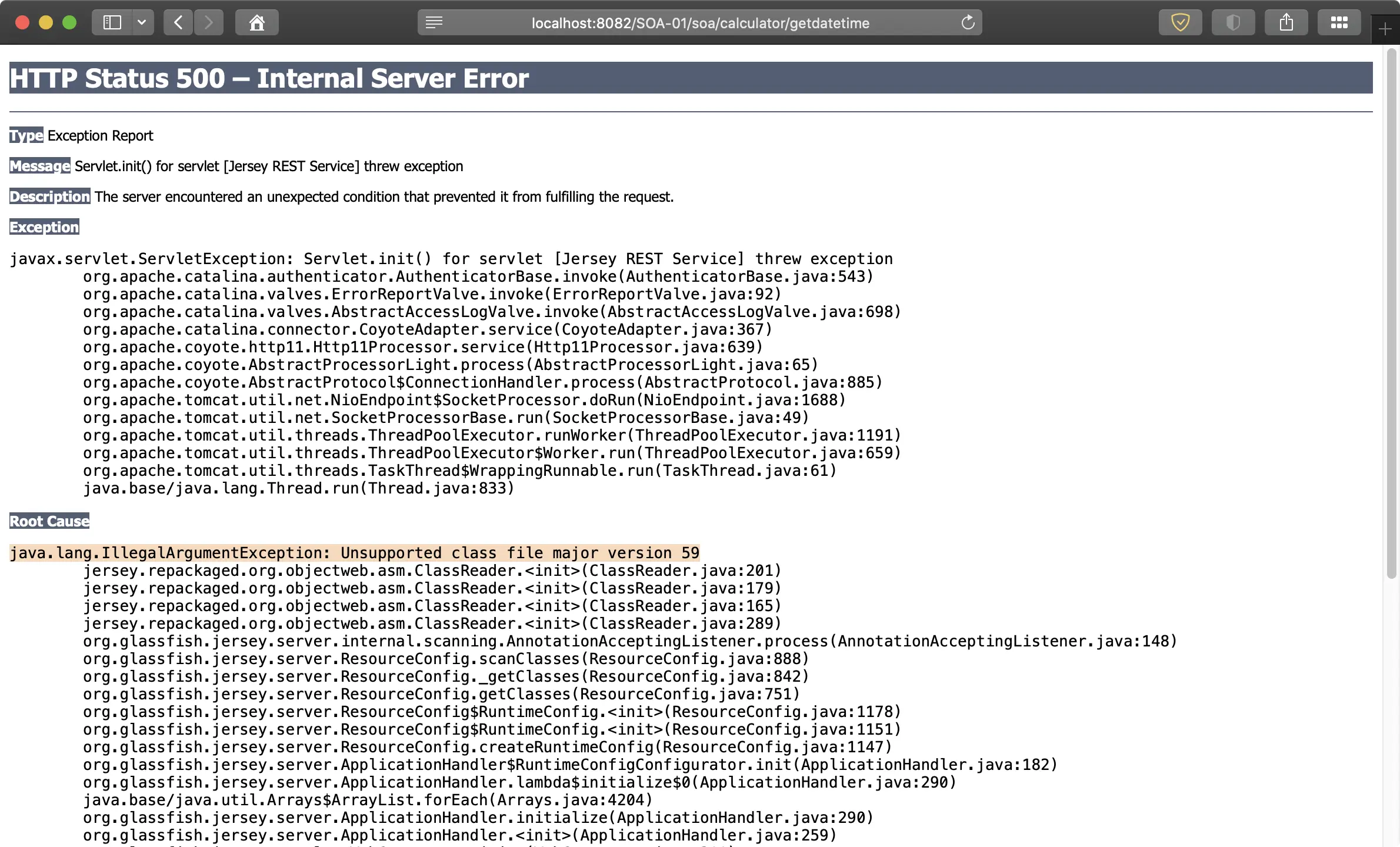 Fig 16a. An internal server error caused by java.lang.IllegalArgumentException exception
